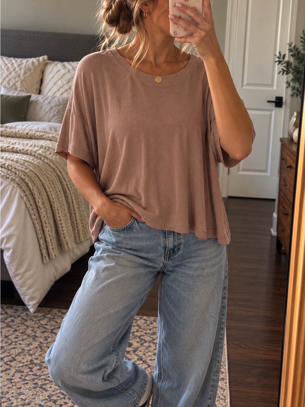 Relaxed Ribbed Short Sleeve Top in Taupe